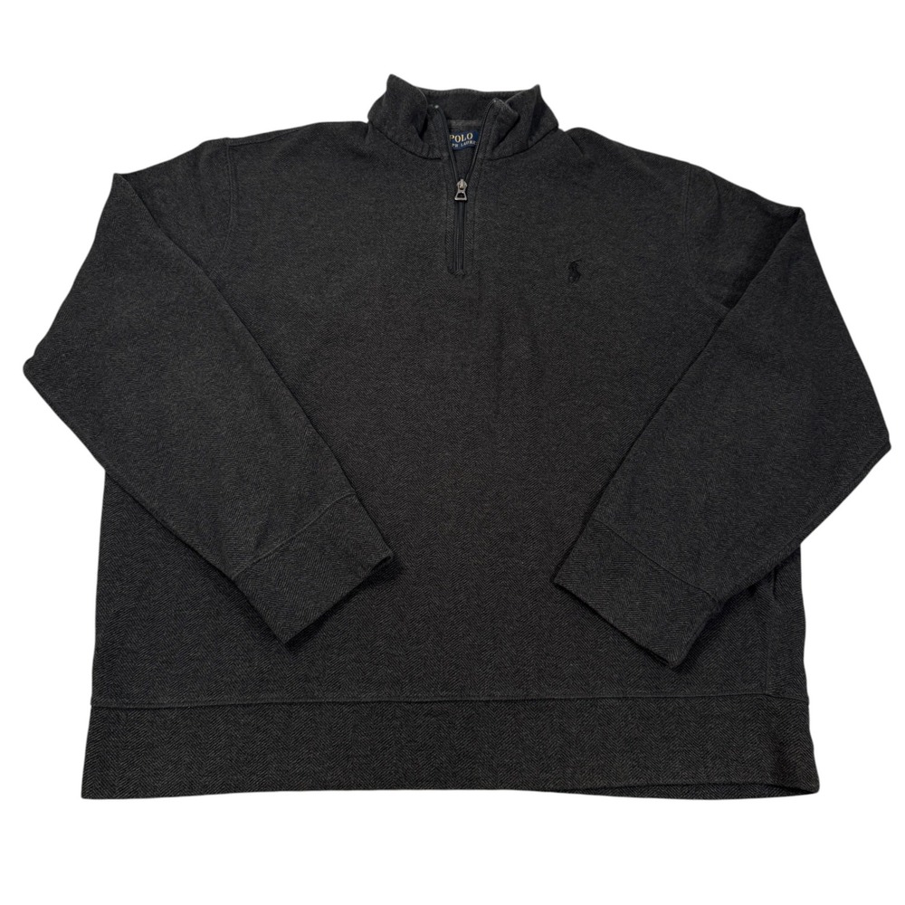 Polo Ralph Lauren Mens Large Charcoal Gray Herringbone 1/4 Zip Pullover Sweater
